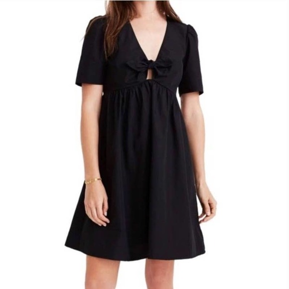 Madewell Black Poplin Tie Front V-Neck Short Sleeve Mini Dress Size 8 - Picture 1 of 7